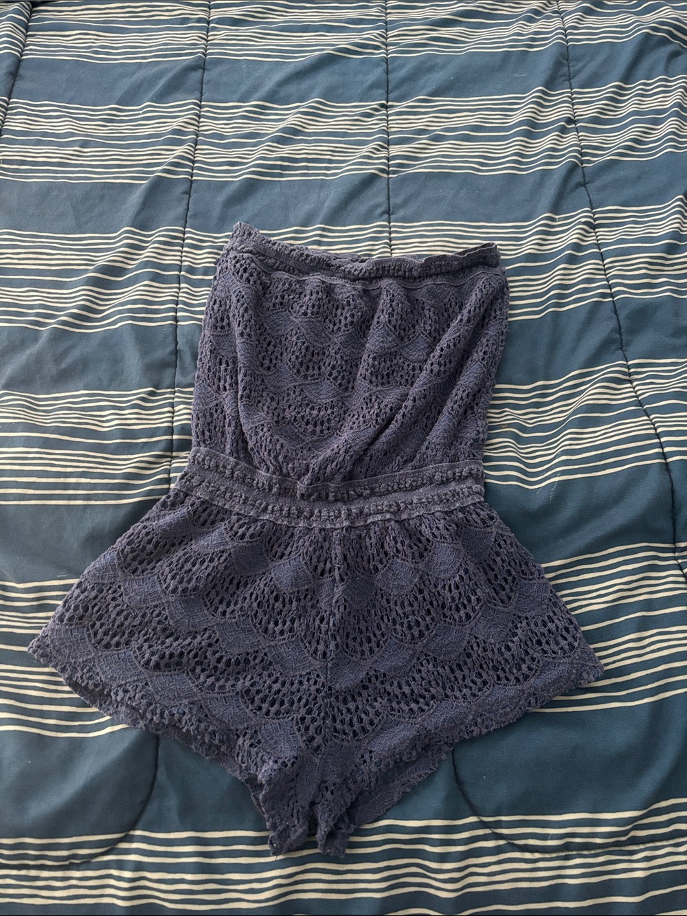 Poof! Navy Blue Crochet Strapless Romper